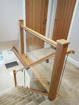 Oak And Glass Staircase, Staircase Bannister, Glass Banister, Glass Bannister, Staircase Banister Ideas, Newel Cap, Wooden Staircase Railing, Glass Staircase Railing, House Renovation Design