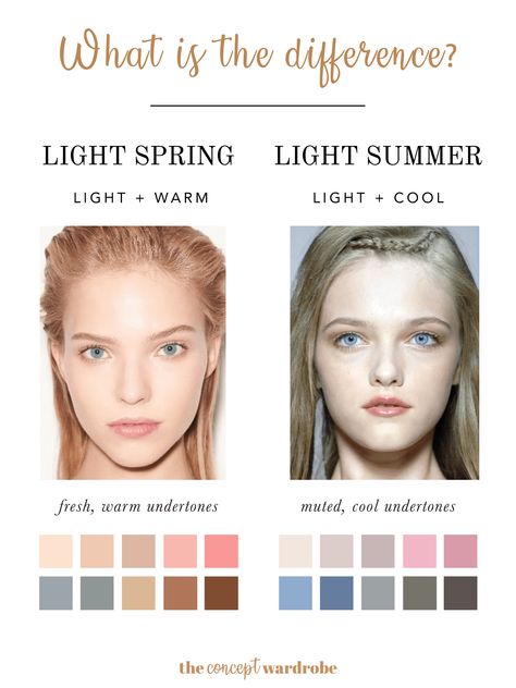the concept wardrobe | Light Springs may be confused with Light Summers, since both sub-seasons’ dominant characteristic is 'light'. Both also have a low contrast between hair, skin, and eyes. The distinguishing characteristic between them is their secondary characteristic – Light Spring is 'warm', whereas Light Summer is 'cool'. Light Spring features have warm undertones with golden and peach pigments. Light Summer, on the other hand, has cool undertones with light blue and grey pigments. Light Summer Skin Tone Outfits, Hair Color For Light Spring Skin Tone, Light Spring Style, Spring Light Warm Outfit, Peach Undertone Skin, Blue Undertone Skin, Cool Undertones Skin, Skin Undertones Charts, Warm Undertone Clothes