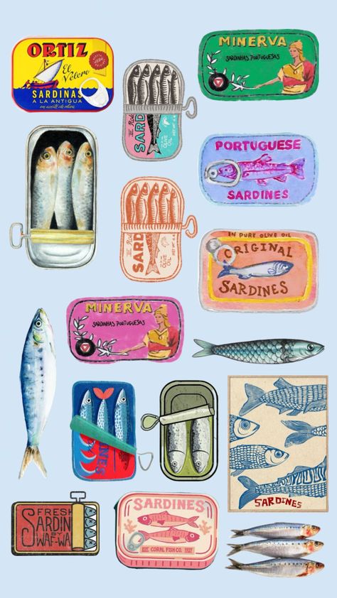 Sardines Homemade Stickers, Wanderer Art, Drawing Journal, Art Wallpaper Iphone, Print Collage, Pottery Painting, Food Illustrations, Box Art, Clay Art