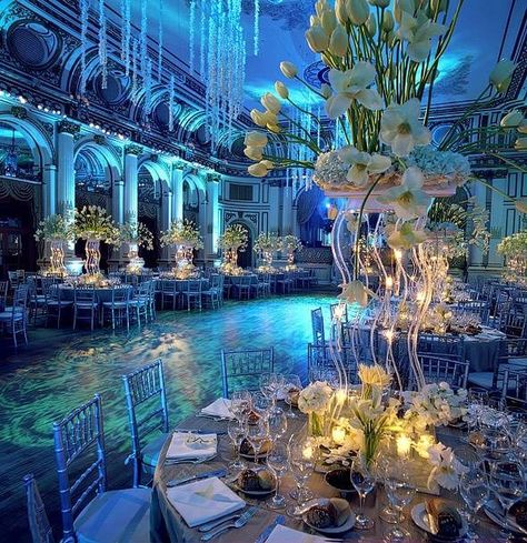 Underwater wedding decor Little Mermaid Wedding, Flowers And Candles, Wedding Reception Lighting, مركز ثقافي, Sea Wedding, Blue Wedding Inspiration, Blue Lighting, 카페 인테리어 디자인, Under The Sea Theme