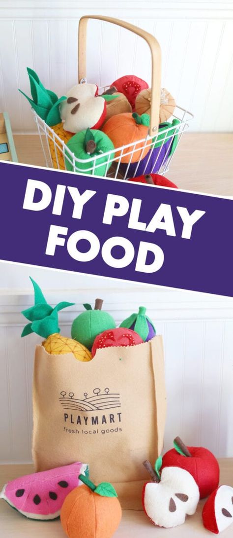 Are you looking for easy DIY felt food patterns, ideas, and templates for kids? This play food tutorial shows you how to make adorable fruits and vegetables for a play grocery store or kitchen! via @shrimpsalad Diy Play Food For Kids, Diy Play Food, Diy Felt Food, Play Grocery Store, Diy Paper Art, Felt Food Diy, Kerajinan Diy, Felt Food Patterns, Felt Fruit