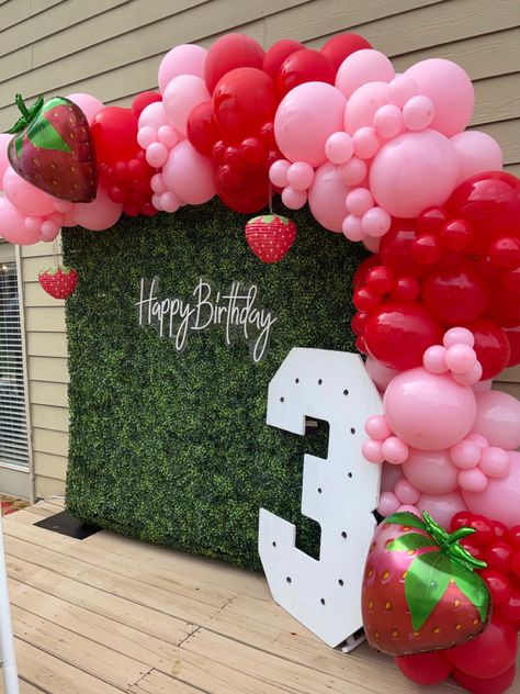 “Berry” Sweet to be 3 Birthday theme. Berry First Birthday Decorations Balloons, Berry Sweet Balloon Garland, Berry 3rd Birthday, Strawberry Shortcake Backdrop Ideas, Berry Sweet 3rd Birthday, Berry 1st Birthday Backdrop, Strawberry Backdrop Party Ideas, Strawberry Shortcake Balloon Arch, Berry Balloon Arch