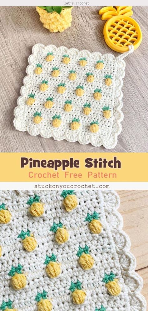 Crochet Pineapple Stitch Free Pattern Crochet Pineapple, Pineapple Crochet, Crochet Design Pattern, Adorable Crochet, Beginner Crochet Projects, Crochet Kitchen, Crochet Dishcloths, Stitch Crochet, Fun Crochet Projects