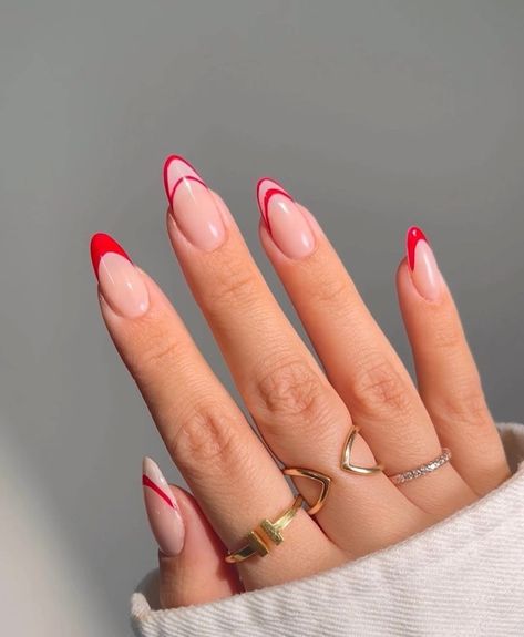 Red Tip Nails Short, Short Oval Nails French Tip, French Red Nails, Red French Nails, Minimal Nail Art, Red Tip Nails, Almond Nails Red, Minimal Nail, Pink Chrome Nails