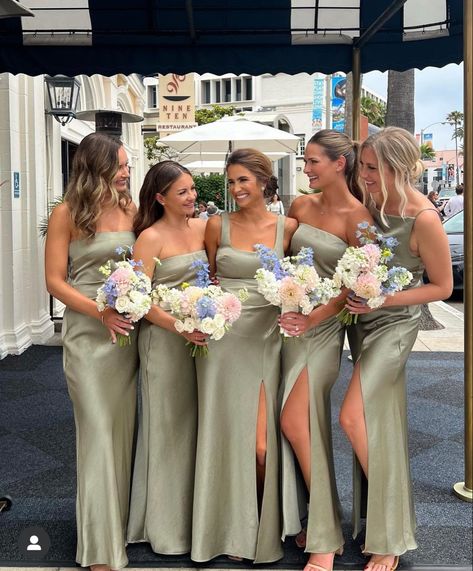 Soft Sage Bridesmaid Dresses, Save Green Bridesmaids Dresses, Sage Green Bridesmade Dress, Tan And Sage Green Wedding Party, Moss Green Wedding Bridesmaid, Light Olive Green Wedding Color Schemes, Weddings Sage Green, Sage Green Bridal Party Bridesmaid Dress, Silk Sage Bridesmaid Dresses