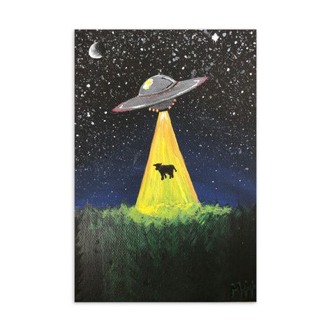 Tela, Alien Chalk Art, Cow Abduction Painting, Alien Abduction Painting, Alien Spaceship Painting, Alien Watercolor Painting, Alien Painting Acrylic, Alien Abduction Drawing, Alien Art Project