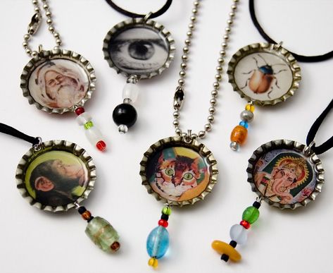 Bottle Cap Necklaces | Another type of jewelry I enjoy makin… | Flickr Recycle Bottle Caps, Bottle Cap Projects, Bottle Cap Jewelry, Cushion Storage, Diy Jul, Craft Room Furniture, Bottle Cap Necklace, Bottle Cap Art, Diy Craft Room