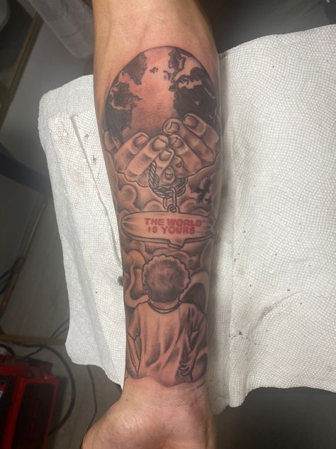 Arm Sleeve Tattoos Quotes, Tattoo That Signifies Strength, Forearm Sleeve Tattoos For Guys, Men’s Tattoos Half Sleeve, R.e.a.l Tattoo, The World Is Yours Globe Tattoo, Forarm Tattoos Design, Men Inner Bicep Tattoo Ideas, Make Tattoo Ideas Forearm