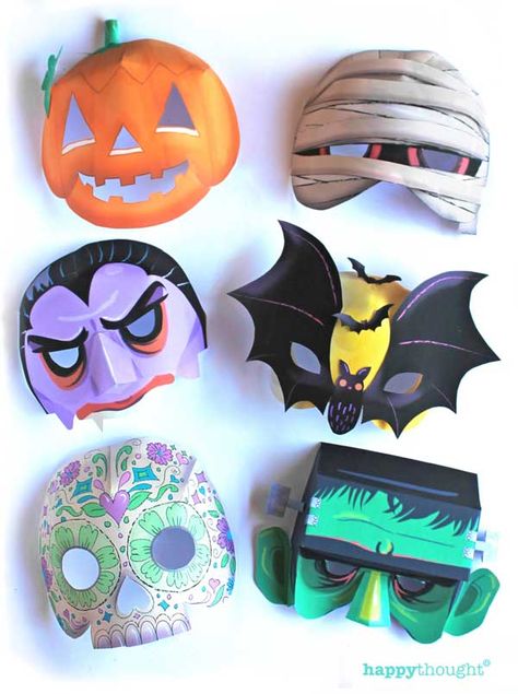 Halloween pumpkin, vampire, calavera, mummy, bat and frankenstein. Paper mask templates for printing. Halloween Masks Kids, Paper Mask Diy, Printable Halloween Masks, Diy Halloween Masks, Mask Templates, Masks Kids, Halloween Party Activities, Printable Mask, Masque Halloween