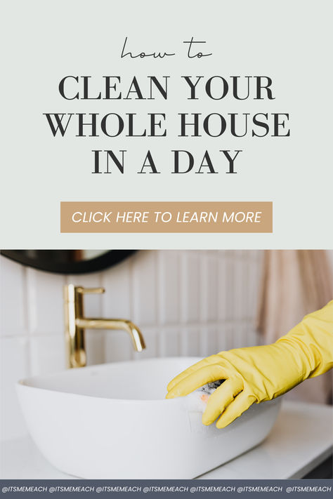 A graphic that says "how to clean your whole house in a day". Whole House Cleaning Checklist One Day, How To Clean House In One Day, Cleaning House In One Day, Whole House Cleaning In One Day, Clean House In One Day, Whole House Cleaning Checklist, House Chores, Residential Cleaning, House Cleaning Checklist