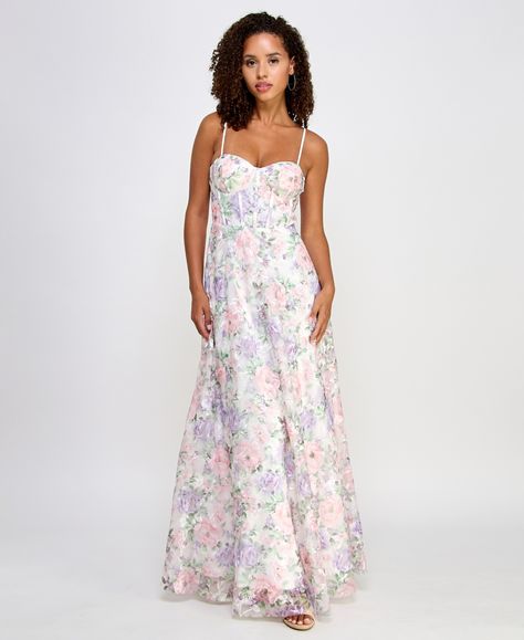 in stock Bachelor Dresses, Macys Prom Dresses, Pink Floral Prom Dress, Purple Wedding Guest Dresses, Floral Corset Dress, Embroidered Prom Dress, Spring Prom Dresses, Floral Dress White, Prom Dress Inspo