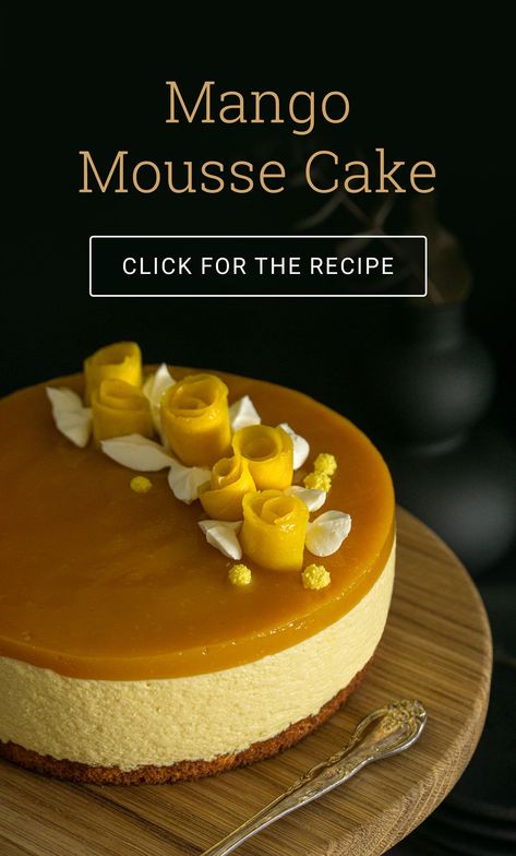 Close up of mango mousse cake decorated with mango roses and served on a wooden cake stand Mango Mousse Cheesecake, Mango Dream Cake, Filipino Mango Cake, Lemon Mouse Cake, Mango Jelly Cake, Mango Mousse Cake Recipe, Mango Layer Cake, Mango Filling For Cake, Mango Sweet Recipes