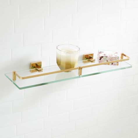 PRICES MAY VARY. Covered under Signature Hardware's 10 year limited Constructed of glass All hardware required for installation is included Mounting brackets are adjustable to desired width Tempered glass thickness 1/4" The Albury Collection Tempered Glass Shelf is both a contemporary accent and a functional storage space, and will be the perfect addition to any bathroom. Create a cohesive look in your bathroom with other Albury Collection pieces. Signature Hardware 916705 Features: Covered unde Signature Hardware Bathroom, Brass Shelf Brackets, Glass Bathroom Shelves, Glass Theme, Brushed Nickel Bathroom, Storage Bathroom, Shower Basket, Tempered Glass Shelves, Brass Bathroom