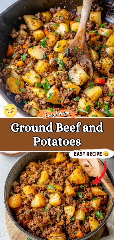 Savor the rich, fulfilling flavors of Ground Beef and Potatoes. This robust dish combines simple, hearty ingredients that fill your kitchen with aromas of home-cooked goodness, making it the perfect meal for family dinners. #HeartyMeal #BeefAndPotatoes #FamilyDinner Recipes For Dinner Beef Ground, Quick Meals Ground Beef, Dinner With Ground Beef Easy, Hamburger Meat Ideas Ground Beef, Dinners With Ground Beef And Potatoes, Easy Supper Ground Beef, Meals To Cook With Ground Beef, Simple Recipes With Hamburger Meat, One Pot Ground Beef And Potatoes