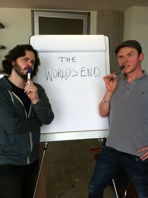 Edgar Wright and Simon Pegg starting to work on the third movie! Simon Pegg, Cornetto Trilogy, Nick Frost, Edgar Wright, Comedy Duos, He Makes Me Smile, Three Musketeers, Hard At Work, Beginning Writing