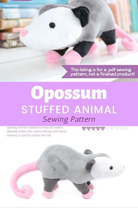 Opossum Stuffed Animal sewing pattern. This is a fun and unique sewing project that will delight your little ones. This pdf pattern provides everything you need to create your very own cuddly trash loving Opossum Plushie. Made with a pointy nose, cute little ears, and a curly tail. The finished plushie can provide comfort and companionship to your child. SewModernKids Tela, Couture, Opossum Stuffed Animal Pattern, Diy Sew Stuffed Animals, Ferret Sewing Pattern Free, Possum Plush Sewing Pattern, Possum Stuffed Animal Pattern, Easy Small Stuffed Animal Patterns, Raccoon Stuffed Animal Pattern