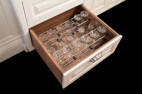 Adjustable interior storage, as shown in the Yardley Butler's Pantry by #WoodMode. Wine Glass Storage In Drawers, Bar Cabinet Decor, Antique Mirror Backsplash, Bar Organization, Dining Room Built In, Wine Glass Storage, Double Islands, Larder Cupboard, Kitchen Cupboard Doors