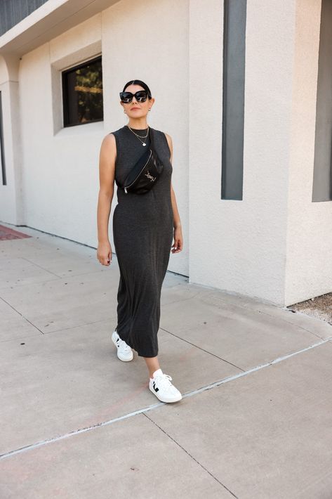 Amazon maxi dress worn with Veja sneakers and YSL belt bag on Kendi Everyday. Veja Sneakers With Dress, Madrid, Sneakers Maxi Dress, Veja With Dress, Veja Sneakers Dress Outfit, Ysl Belt Bag Outfit, Maxi Dress With Sneakers Outfits, Summer Dress Outfits With Sneakers, Maxi Dress Sneakers