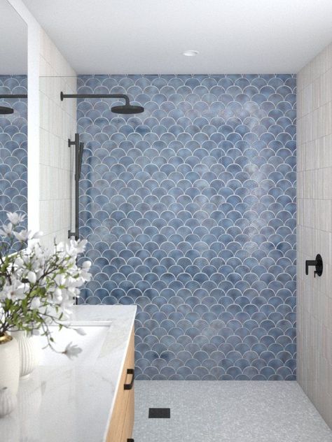 Transom Window Bathroom, Small Bathroom Blue Tile, Wave Tile Shower Walls, Coastal Bathroom Tiles, White Shower With Blue Accent Tile, Infinity Shower Bathroom, New Shower Ideas, Black White Blue Bathroom, Blue Glass Shower Tile