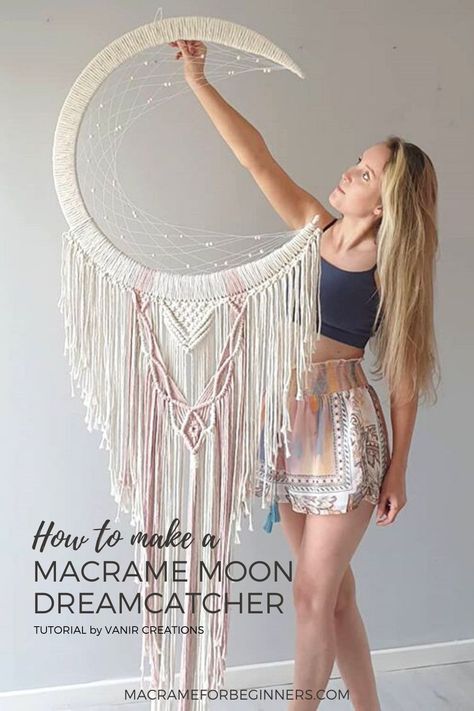 Dreamcatcher Tutorial, Macrame Moon Dream Catcher, Macrame Moon, Macrame For Beginners, Rebecca Miller, Pola Macrame, Dream Catcher Patterns, Dream Catcher Tutorial, Free Macrame Patterns