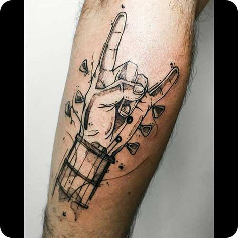 100+ Amazing Guitar Tattoo Ideas To Inspire Your Next Design Music Leg Tattoos Women, Tattoos For Guitarists, Rock Roll Tattoo Ideas, Guitar Pick Tattoo Memorial, Musician Tattoo Ideas Men, Tattoo Music Ideas For Men, Rock Guitar Tattoo, Concert Ticket Tattoo, Metal Music Tattoo Ideas