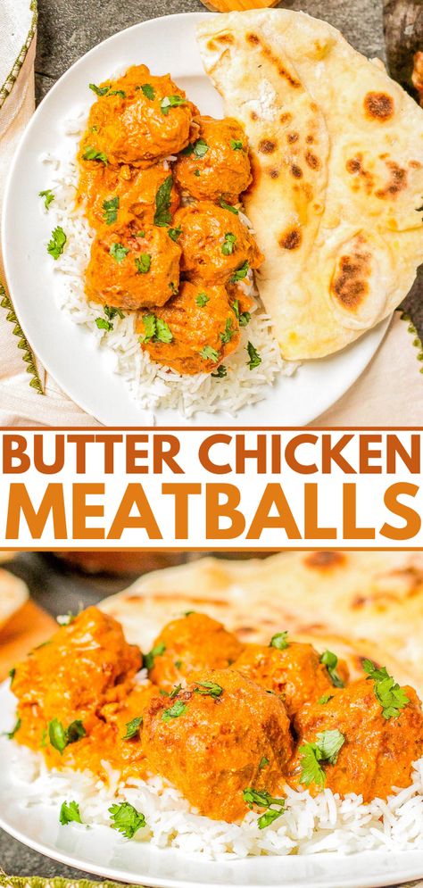 Butter Chicken Meatballs – If you're an Indian butter chicken fan, you'll love these ground chicken meatballs which offer a unique twist on a beloved dish! Packed with an array of flavorful Indian spices, these EASY meatballs are first baked and then simmered in a rich sauce made with coconut milk, butter, and Greek yogurt! Butter Chicken Meatballs, Ground Chicken Meatballs, Easy Meatballs, Butter Chicken Sauce, Indian Dinner Recipes, Chicken Meatball Recipes, Averie Cooks, Indian Butter Chicken, Recipes With Few Ingredients