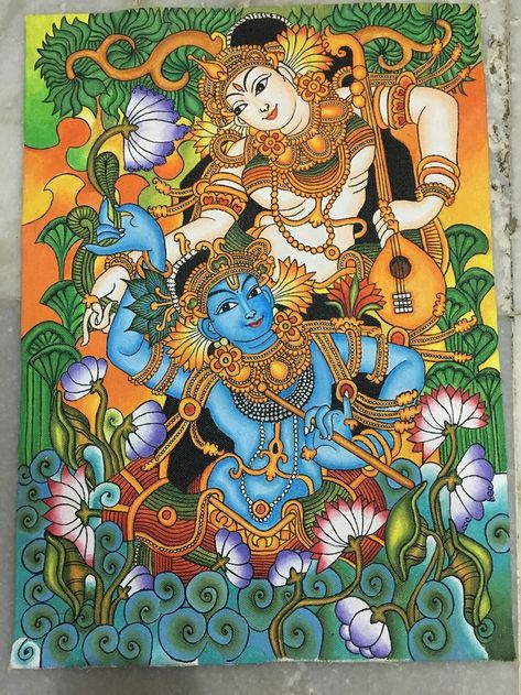 Pin on Mural art Croquis, Madhubani Painting Of Krishna, Krishna Radha Mural Painting, Madhubani Krishna Paintings, Radha Krishna Kerala Mural Painting, Best Madhubani Paintings, Mural Painting Kerala Krishna, Govardhan Krishna Paintings, Kerala Mural Painting Krishna