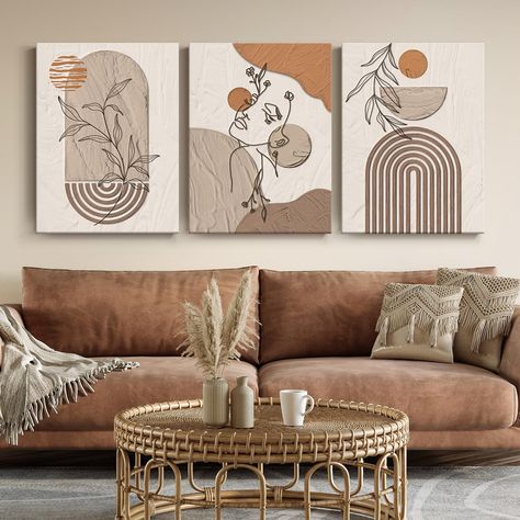 PRICES MAY VARY. Boho Artwork Prints: This high-definition geometric line design in the theme of beige, also combines with leaves, sun, and moon, refers to an oil painting textured design, which makes the paintings more aesthetics, easy to integrate with different home styles. Bohemian Style Painting: Perfect home decoration artwork for the living room, bedroom, kitchen, bathroom, dining room, home office, hallway, downstairs, hotel, restaurant, bar, etc. Durable Canvas Wall Art: Adhering to high-definition design and prints by using genuine inks, this artwork features clear, vivid colors and detailed prints, never fade over time. High quality waterproof canvas stretched over a real sturdy knot-free wooden frame, ensures each art piece is gorgeous when you receive it. Ready to Hang: The wo Farmhouse Boho Art, Boho Living Room Painting, Wooden Aesthetic Bedroom, Living Room Wall Picture Ideas, Boho House Decor Living Rooms, Boho Theme Living Room, Beige Wall Living Room, Moon Bedroom Ideas, Bathroom Pictures Wall Art Ideas