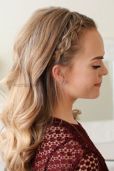 Dutch Braid Headband, Hairstyles Purple, Ponytail Hairstyle Ideas, Easy Braided Updo, Braided Headband Hairstyle, Braid Headband, Missy Sue, Hairstyle Ideas Easy, Ponytail Hairstyle