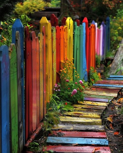 Lady paints 15 fence panels. How he colors them looks SPECTACULAR along his walkway Colorful Picket Fence, Blue Fence Garden, Allotment Fencing, Garden Fence Ideas Privacy, Colourful Fence, Painted Pallets For Outside, Colourful Garden Ideas, Painted Fences Ideas Backyards, Painted Fences Mural