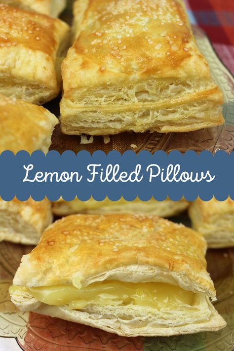 Pillows of puff pastry with lemon pie filling in the center. Pie, Puff Pastry Pillows, Puff Pastry Pie Filling, Puff Pastry And Lemon Pie Filling, Puff Pastry With Pie Filling, Puff Pastry Dessert Lemon, What To Make With Lemon Pie Filling, Lemon Puff Pastry Recipes, Puff Pastry Lemon Dessert