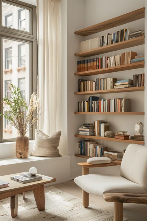 Transform Your Walls: Shelving Unit Ideas for Efficient Home Libraries - Quiet Minimal Bookcase Ideas For Small Spaces, Home Office Reading Corner, Book Shelf Inspo Aesthetic, Scandi Shelves, Floating Shelves Library, Mini Library Room, Bookshelf On Wall, Book Wall Shelves, Small Book Store