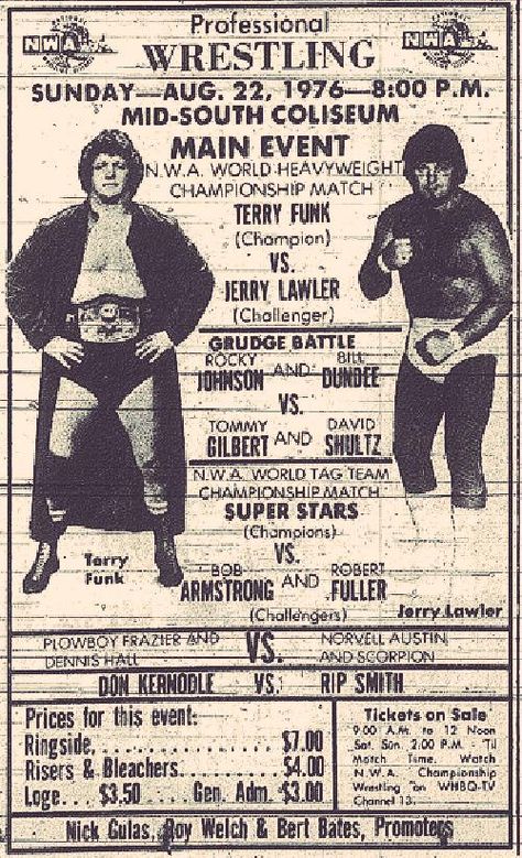 #ThrowbackThursday #Memphis #Wrestling poster for a #NWA World Title match between Terry Funk  & @JerryLawler (1976) Terry Funk, Wrestling Pics, Nwa Wrestling, Vintage Wrestling, World Championship Wrestling, Wrestling Posters, World Heavyweight Championship, Professional Wrestlers, Wrestling Stars