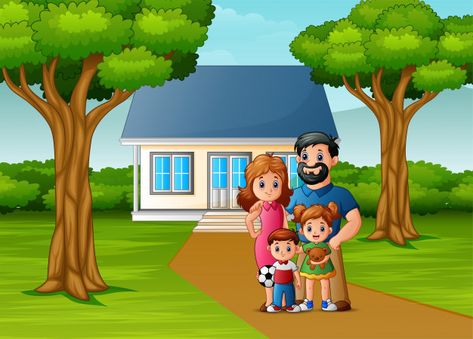 Cartoon family in front of the house yar... | Premium Vector #Freepik #vector #flower #tree #wood #house Nature, Family Picture Cartoon, Bushes In Front Of House, Cartoon Family, Free Kids Coloring Pages, Nature Background Images, Cute Love Photos, House Cartoon, Person Drawing