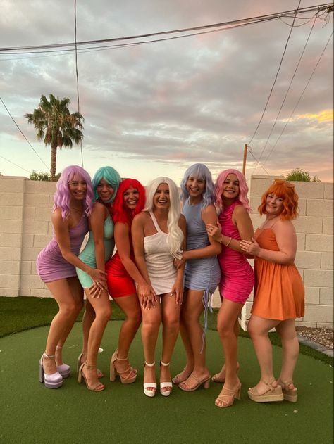 Bachelorette Colour Theme Outfits, Wigs For Bachelorette Party Girls Night, Colour Bachelorette Party, Colored Wig Outfit Bachelorette, Bachelorette Wig Party Outfit, Wig For Bachelorette Party, Colourful Hens Party Outfit, Red Wig Outfit Ideas, Wigging Out Bachelorette Party