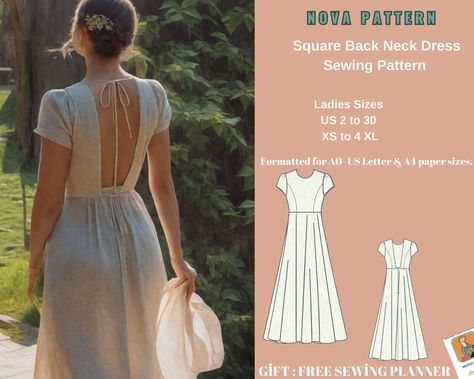 Cottagecore Linen Dress Sewing Pattern,Open back Maxi Dress-Ladies size US 2 to 30//XS to 4XL  Letter-A4-A0 form paper sizes Chiffon Skirt Sewing Pattern, Dress Sewing Patterns Plus Size, Sewing Pattern Cottagecore, Long Summer Dress Pattern, Vintage Dress Sewing Patterns Free, Sewing Pattern Maxi Dress, Linen Dress Sewing Patterns, Diy Maxi Dress Easy Free Pattern, Woven Dress Pattern