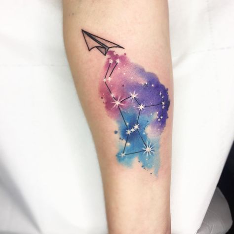 Galaxy Tattoo Color, Colorful Space Tattoo, Watercolor Star Tattoo, Orion Tattoos, Watercolor Space Tattoo, Simple Galaxy Tattoo, Galaxy Watercolor Tattoo, Orions Belt Tattoo, Watercolor Moon Tattoo