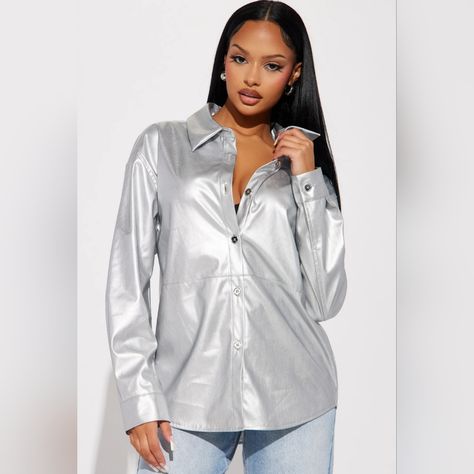 New With Tags. Size Xs. Selling As It's Too Small For Me. Faux Leather Shirt, Other Worldly, Metallic Blouses, Promo Gifts, Fashion Nova Tops, Leather Shirt, Rayon Pants, Shirt Long Sleeve, Pajama Shirt