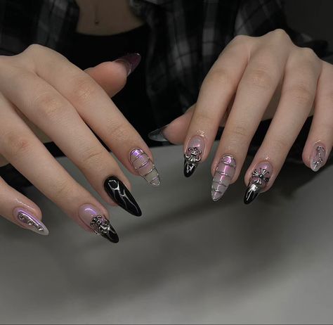 Black Bubble Nails, Pointed Acrylic Nail Designs, Korean Trendy Nails, Gothic Almond Nails, Nail Art Birthday, Trendy Nails Long, Cyberpunk Nails, Xiaohongshu Nails, Nails Chinese