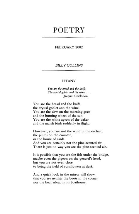 Litany by Billy Collins | Poetry Magazine Poetry, Mary Karr, Billy Collins, Poetry Magazine, Crystal Goblets, Poetry Foundation, House Of Cards, Magazine