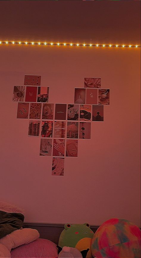Where To Put Pictures In Your House, How To Put Photos On Wall, Heart Made Out Of Pictures On Wall, Heart Wall Collage Layout, Low Budget Room Decor Ideas, Picture Wall Heart, Wall Heart Pictures Collage, Love Heart Photo Wall, Heart Wall Collage