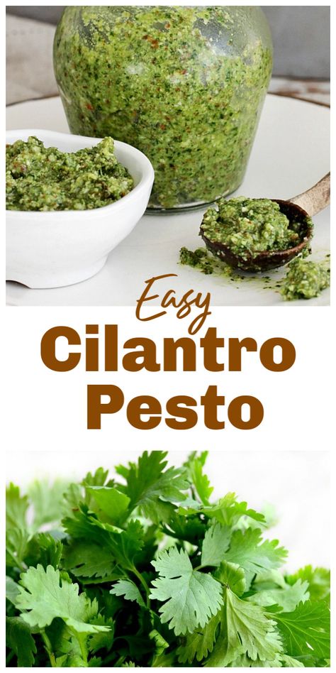 Super Easy Cilantro Pesto is a take on the traditional condiment, with cilantro and almonds. It comes together in minutes, keeps for a few weeks in the refrigerator and can be used in anything from pasta to sandwiches or salad dressing. #cilantro #pesto #condiment #almonds #sauce Easy Pesto Recipe, Pesto Mayo, Pesto Recipe Easy, Cilantro Recipes, Easy Pesto, Cilantro Pesto, Roasted Garlic Cloves, Marinade Sauce, How To Make Pesto