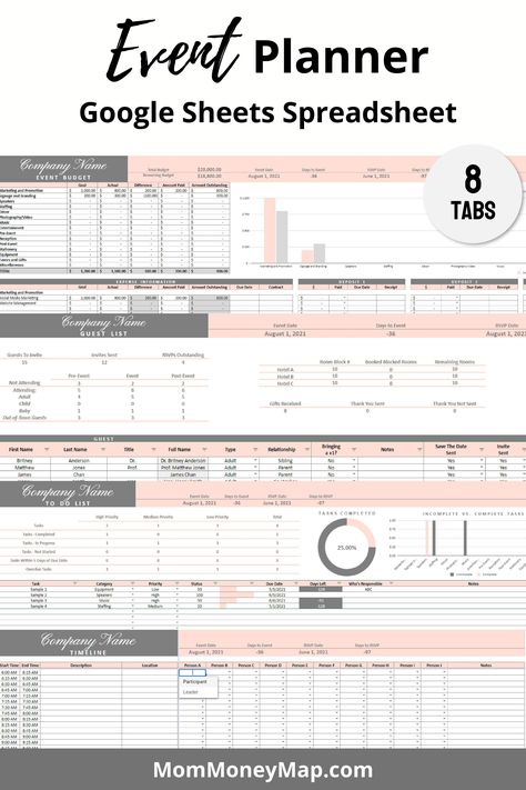 Event Planner Google Sheets Spreadsheet fitnessplanner #plannersfor2024 #languageplanner📕 Organisation, Event Template Design, Google Spreadsheet Template, Google Sheets Templates Business, Event Set Up, Google Sheets Planners, Planning Spreadsheets, Event Planner Office, Event Planner Template