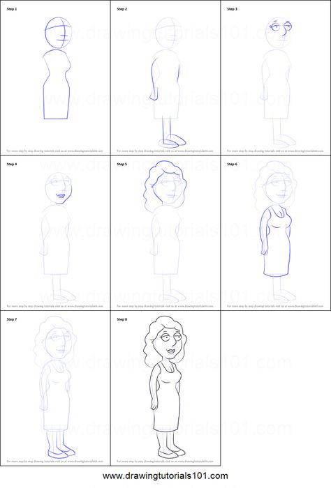 How to Draw Bonnie Swanson from Family Guy Printable Drawing Sheet by DrawingTutorials101.com Guy Style, Family Guy Drawing Step By Step, How To Draw Family Guy, How To Draw Family Guy Characters Step By Step, Bonnie Swanson, Draw Family, Family Guys, Cartoon Inspiration, Draw Characters
