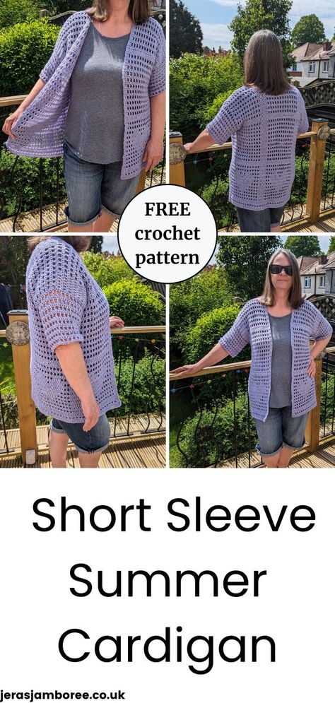 montage of 4 images show a short sleeve crochet cardigan styled on a woman, front view, side view, back view Crochet Hearts, Short Sleeve Crochet Cardigan, Summer Crochet Cardigan, Cardigan Free Crochet Pattern, Poncho With Sleeves, Mesh Stitch, Crochet Cardigan Pattern Free, Crochet Short, Sleeve Crochet