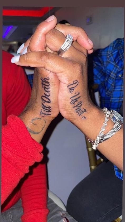 "Tattooed Lovebirds: Romantic Ideas for Couples' Tattoos" Designer Tattoo Ideas, Couples Hand Tattoos, Small Tattoo Hand, Husband Wife Tattoos, Marriage Tattoos, Tattoo For Boyfriend, Designer Tattoo, Him And Her Tattoos, Cute Thigh Tattoos