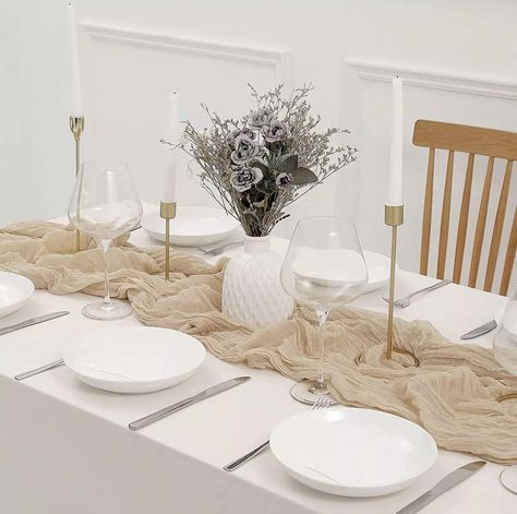 PRICES MAY VARY. Polyester Premium Quality Material: Made from high-quality 100% premium polyester material, our soft and flowy cheesecloth table runner and napkins will give your table a natural and rustic boho look. Wrinkle Sheer Gauze Design: The elegantly shimmering pieces have exquisite craftsmanship with natural pleats, creating a delicate and romantic atmosphere at any event, including weddings, parties, and birthdays. Versatile and Reusable: Our extra-long table runner is 90 inches (10ft Dining Room Dresser, Hiasan Perkahwinan, Romantic Centerpieces, Wedding Party Table Decorations, Tafel Decor, Wedding Party Table, Birthday Party Tables, Deco Boheme, Party Table Decorations