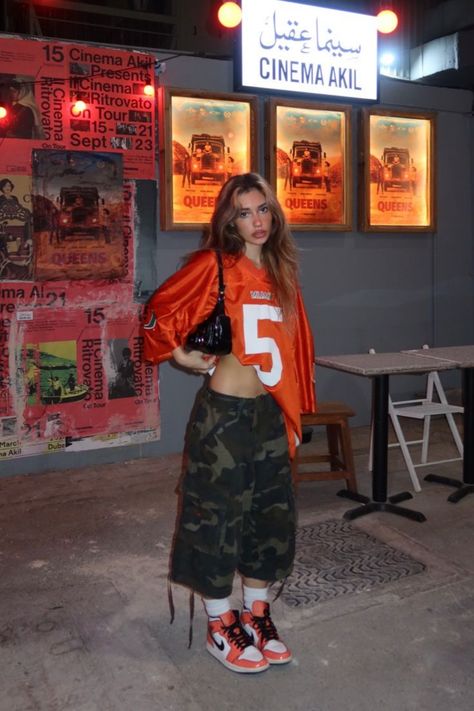 Army And Orange Outfit, 90s Maximalism Fashion, Carti Style Outfits, Quenlin Blackwell Outfits, Streetwear Summer Women, Tyler The Creator Outfits Women Concert, 90s Streetwear Women, 90s Y2k Fashion Street Styles, Brown Going Out Outfits