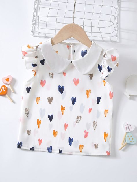 White Cute  Cap Sleeve Polyester Heart,All Over Print Top Embellished Non-Stretch Summer Toddler Girls Clothing Peter Pan Blouse, Girls Summer Tops, Girls Heart, Girly Dresses, Ruffle Sleeve Blouse, Girls Blouse, Kids Top