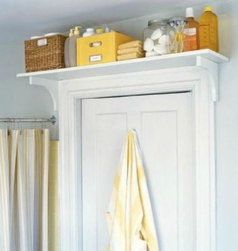 04 - Cozy Cottage Cute - Over the Door Shelf Over Door Storage Bathroom, Towel Storage Above Door, Over Door Bathroom Organizer, Bathroom Shelves With Towel Hooks, Towel Organizer For Small Bathroom, Shelf Ideas For Small Spaces, Shelf Above Door Frame, Clever Storage Ideas For Small Spaces Bathroom, Bathroom Window Storage Ideas